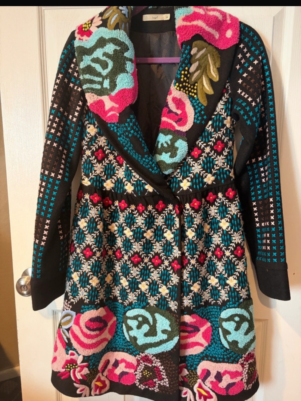 Anthropologie Hazel Black Floral Coat with Teal & Pink Rose Accents Size M